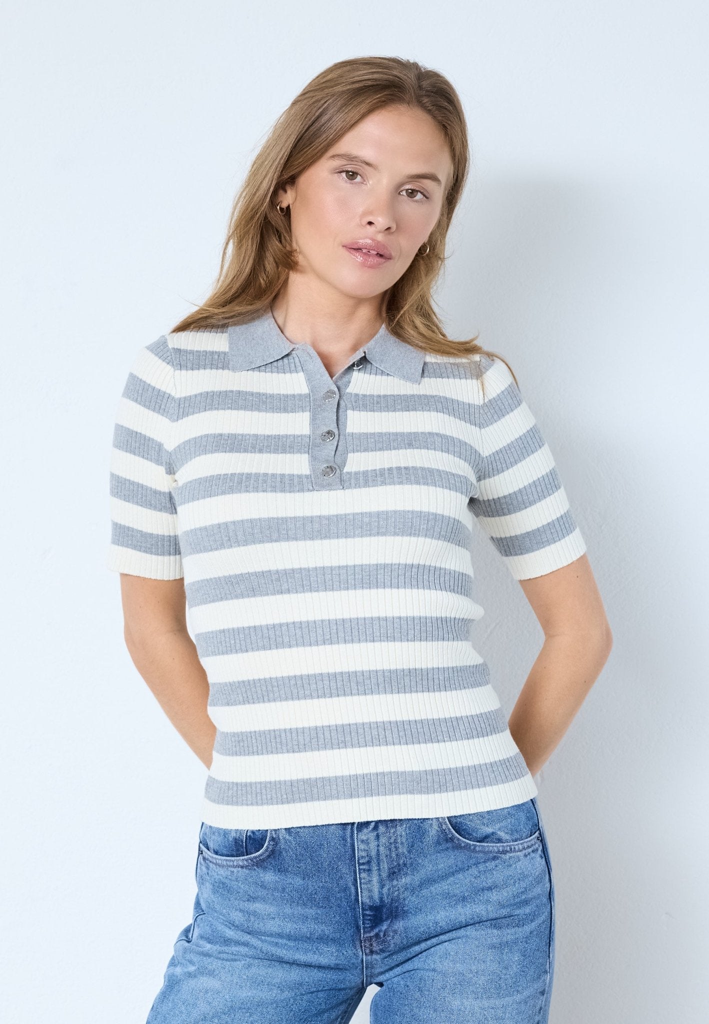 BonnyCC Stripe S/S Polo Knit - Light Grey - Co'couture