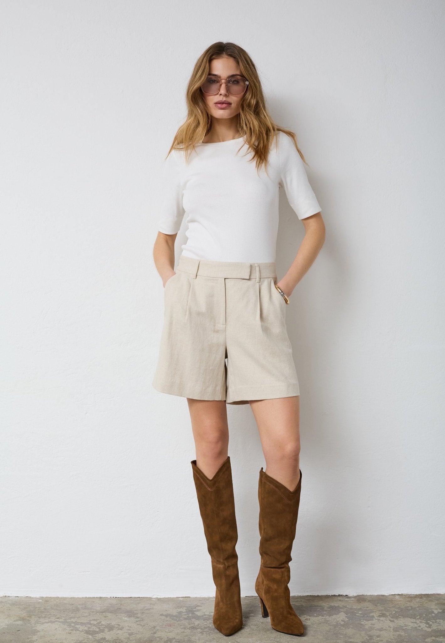 LeenaCC Linen Pleat Shorts - Bone - Co'couture